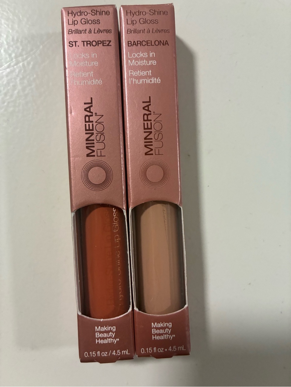 Mineral Fusion Hydro-Shine Lip Gloss — St. Tropez (Orange) & Barcelona (Nude)